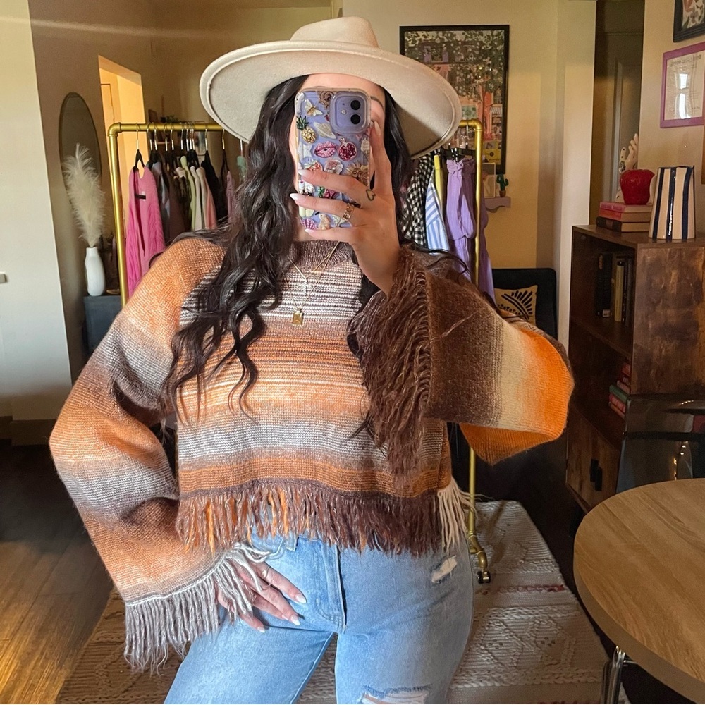 Zara Orange Brown Striped Fringe Sweater - Picture 2 of 13